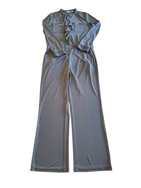 Chicos Olive Green Long Sleeve Jumpsuit W/ Gold Zipper Accents Ruffle Neck Detai